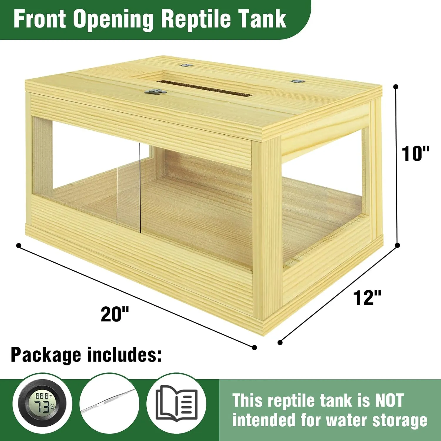 10 Gallon Reptile Tank, Solid Wood Bearded Dragon Tank, Front Opening Snake Enclosure, Lockable Sliding Doors, Small Reptile Terrarium for Lizard, Leopard Gecko, 20" x 12" x 10"