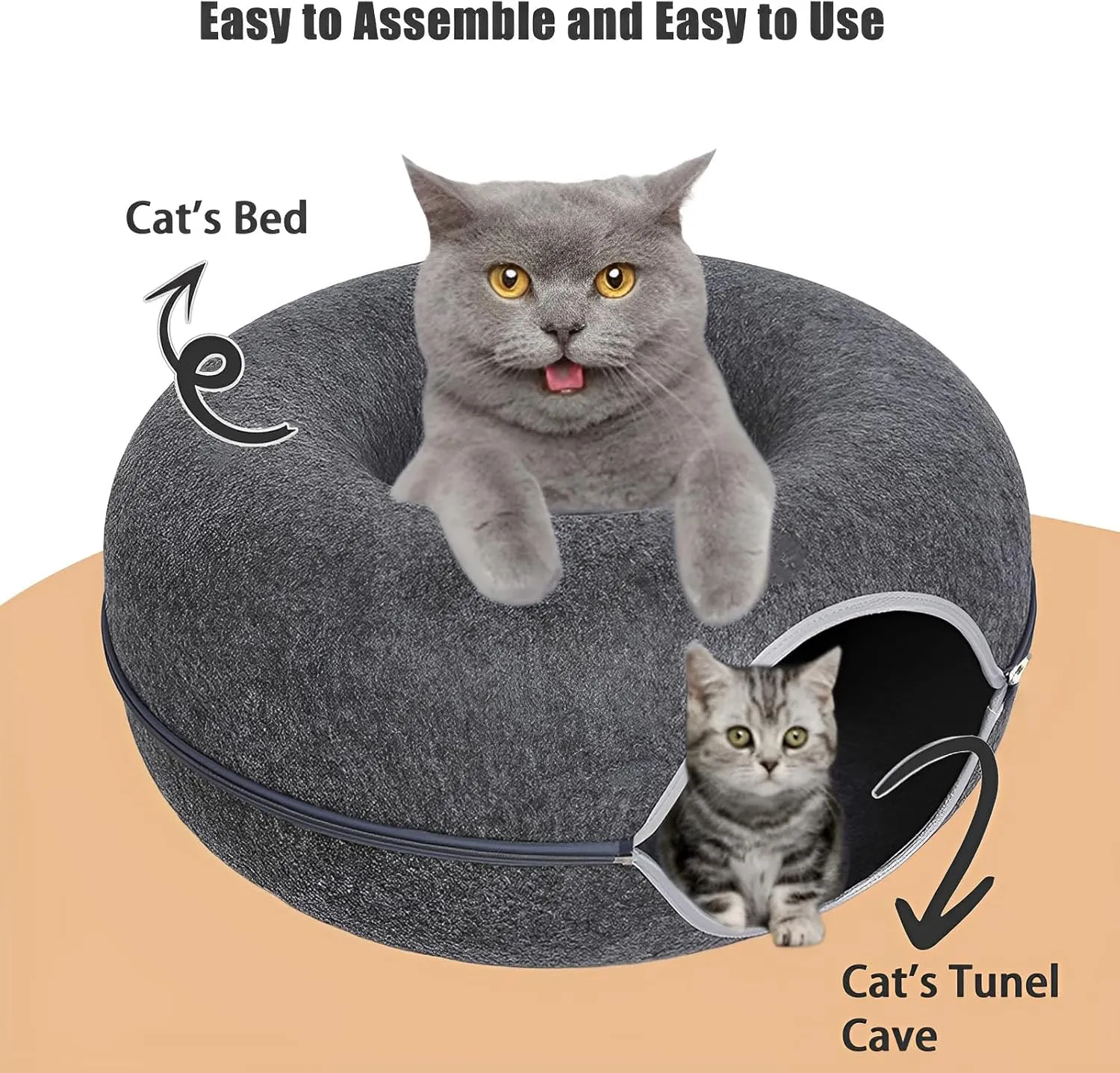 24inch-Tunnel Bed for Indoor,cattasaurus Peekaboo cat cave for Multiple,Detachable Felt Felt Washable Interior for Indoor Cats,Donut Tunnel (Dark Grey)