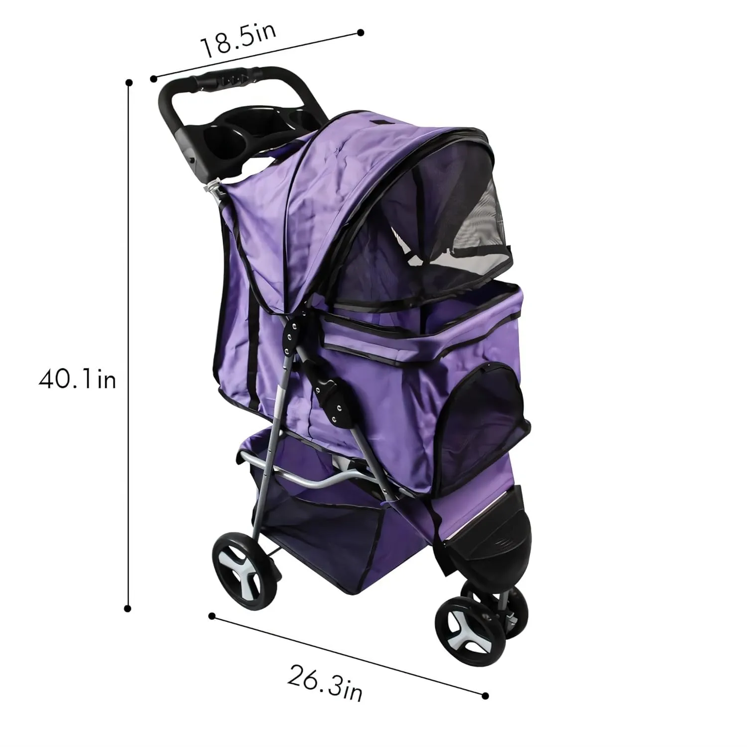 3 Wheels Pet Stroller Foldable Dog Cat Cage Jogger Stroller Pet Strolling Cart for Small Dogs, Cat/Dog Stroller with Storage Basket, Breathable and Visible Mesh, Black