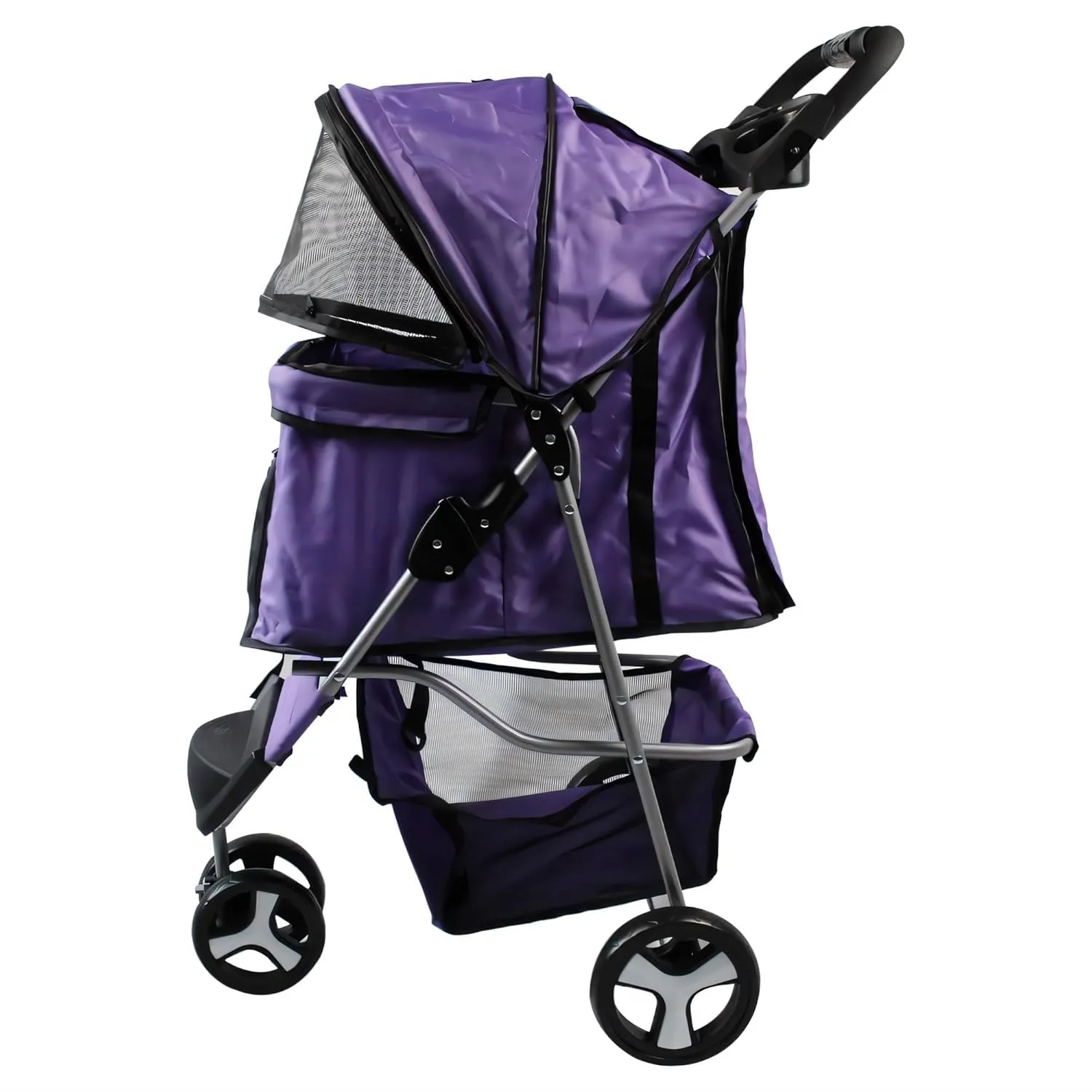 3 Wheels Pet Stroller Foldable Dog Cat Cage Jogger Stroller Pet Strolling Cart for Small Dogs, Cat/Dog Stroller with Storage Basket, Breathable and Visible Mesh, Black