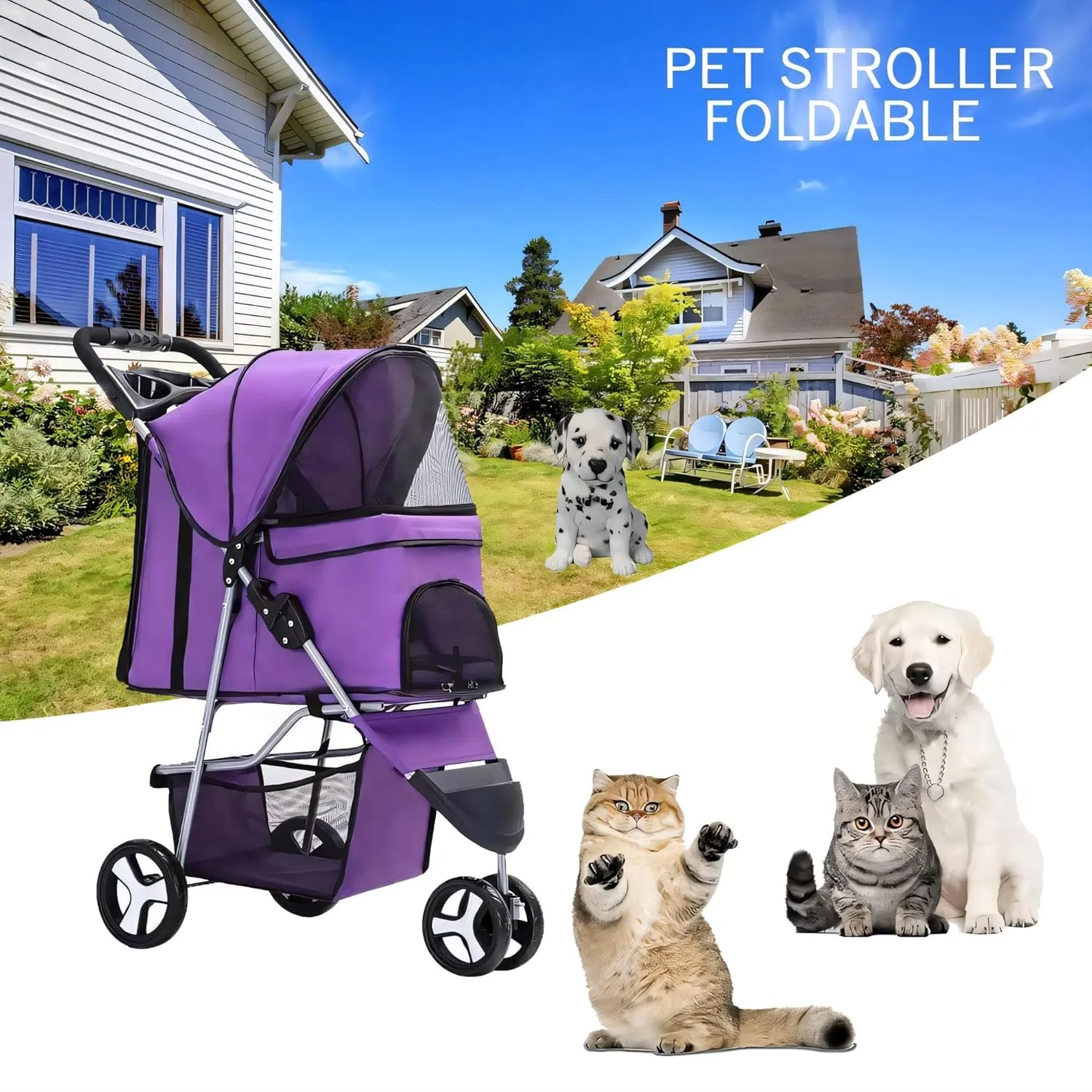 3 Wheels Pet Stroller Foldable Dog Cat Cage Jogger Stroller Pet Strolling Cart for Small Dogs, Cat/Dog Stroller with Storage Basket, Breathable and Visible Mesh, Black