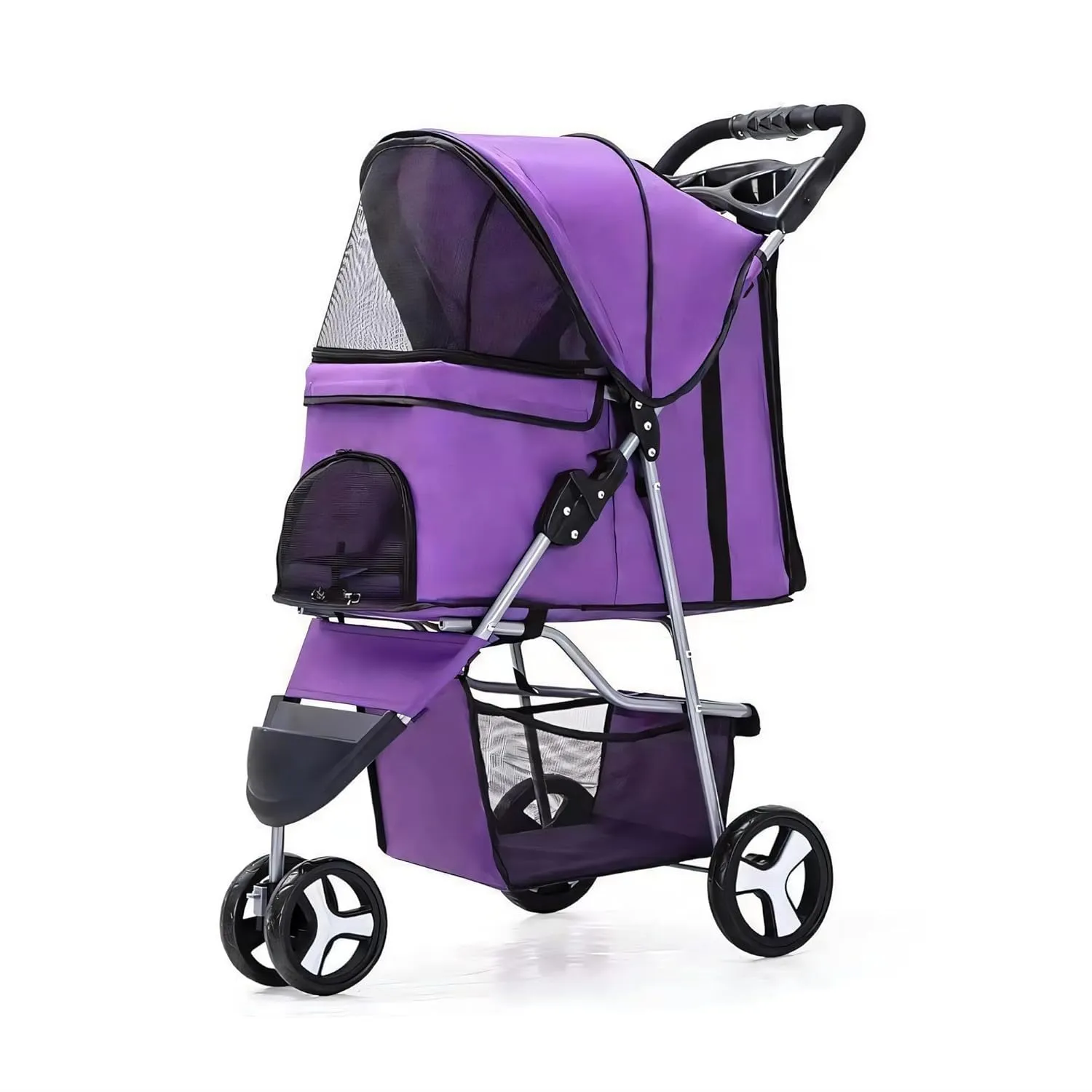 3 Wheels Pet Stroller Foldable Dog Cat Cage Jogger Stroller Pet Strolling Cart for Small Dogs, Cat/Dog Stroller with Storage Basket, Breathable and Visible Mesh, Black