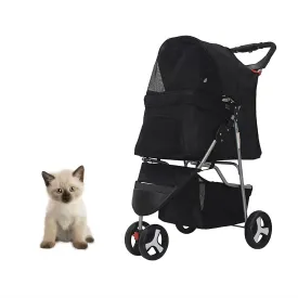 3 Wheels Pet Stroller Foldable Dog Cat Cage Jogger Stroller Pet Strolling Cart for Small Dogs, Cat/Dog Stroller with Storage Basket, Breathable and Visible Mesh, Black