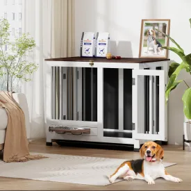 31.5" Dog Crate Furniture - Indoor Wooden Kennel with 360 Rotating Feeder | Multi-Functional End Table for Small & Medium Dogs | Portable Pet Cage with Removable Tray & Easy Assembly