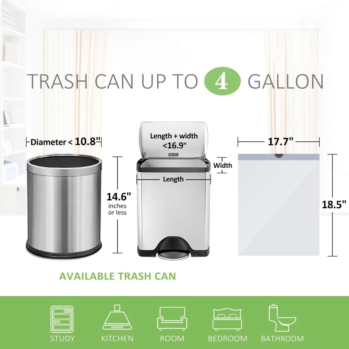 4 Gallon 140 Counts Strong Drawstring Trash Bags Garbage Bags by Teivio, Bathroom Trash Can Bin Liners, Small Plastic Bags for home office kitchen, White