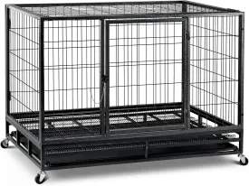 48 inch Wire Dog Crate, Large Dog Cage with Swivel Lockable Wheels, High Anxiety Open Top, Three Doors, Extra Large Crate Indoor with Removable Tray