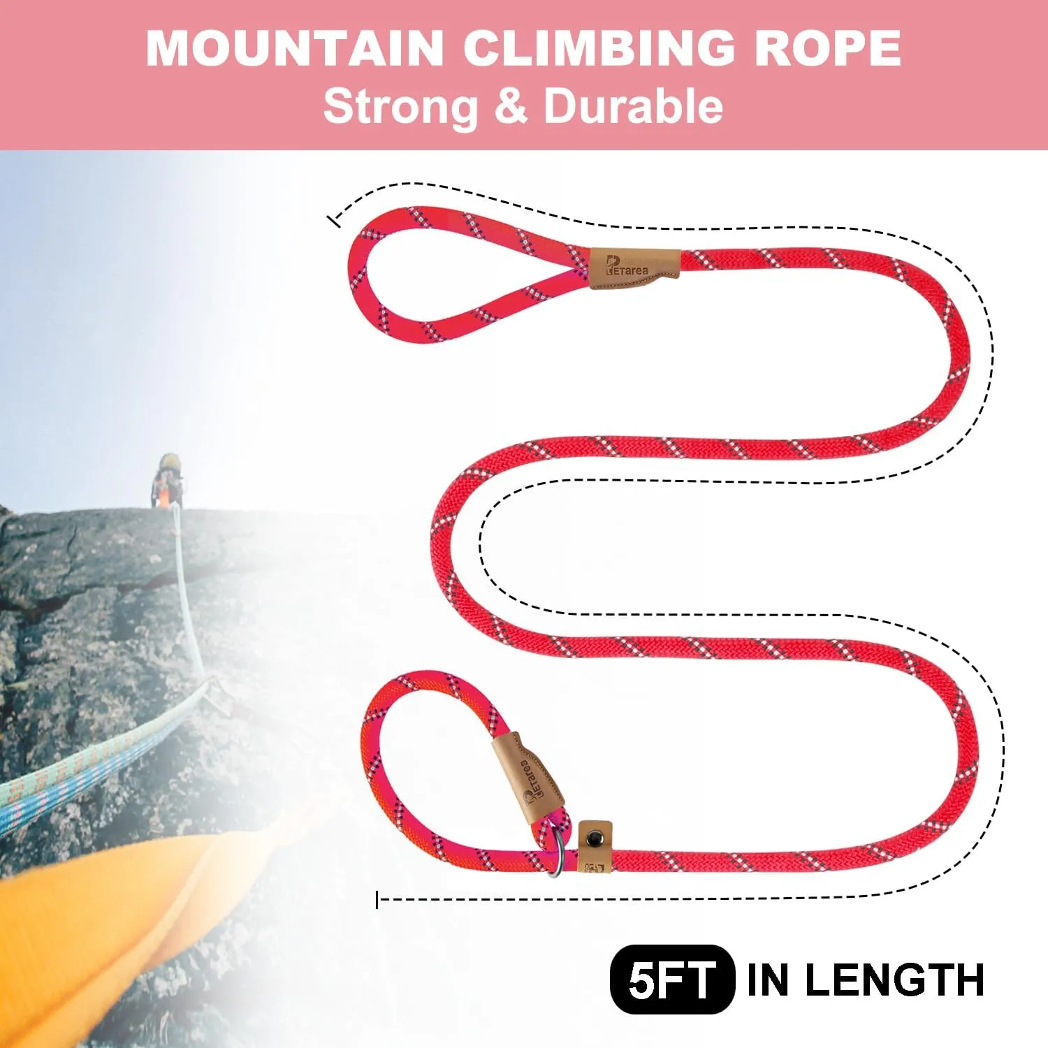 5 FT Slip Lead Dog Leash, Heavy Duty Rope Leash for Small Medium Large Dogs, No Pull Training Lead with Reflective Thread, Strong Comfortable Loop Leash (Red Stripe, Medium(3/8"))