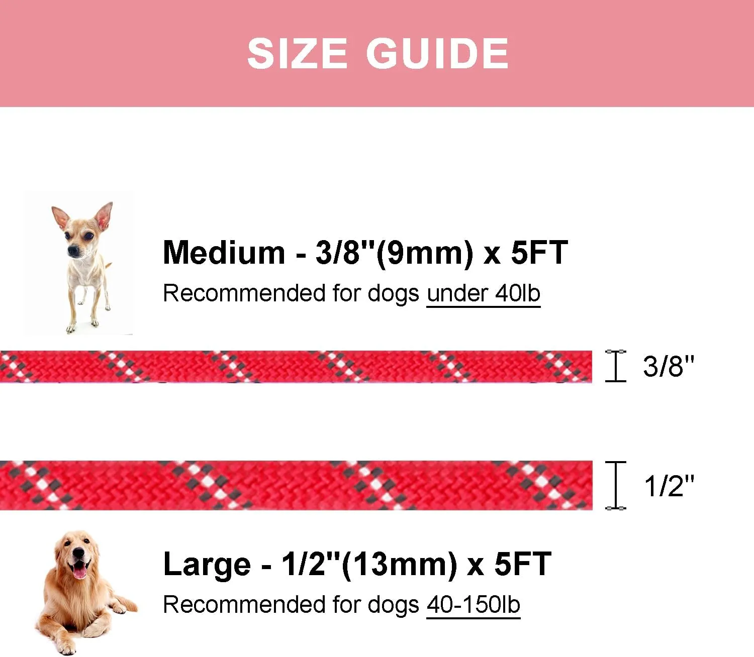5 FT Slip Lead Dog Leash, Heavy Duty Rope Leash for Small Medium Large Dogs, No Pull Training Lead with Reflective Thread, Strong Comfortable Loop Leash (Red Stripe, Medium(3/8"))