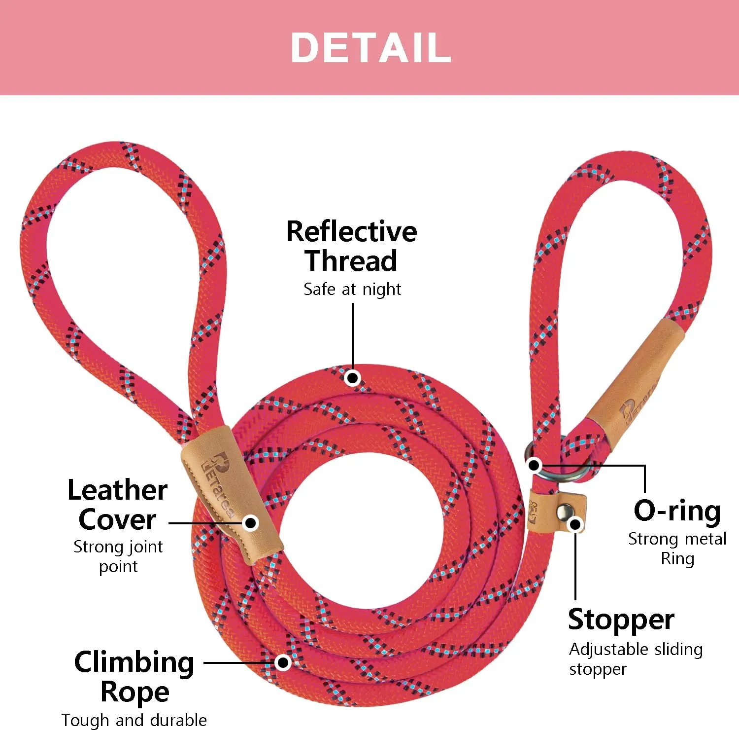 5 FT Slip Lead Dog Leash, Heavy Duty Rope Leash for Small Medium Large Dogs, No Pull Training Lead with Reflective Thread, Strong Comfortable Loop Leash (Red Stripe, Medium(3/8"))
