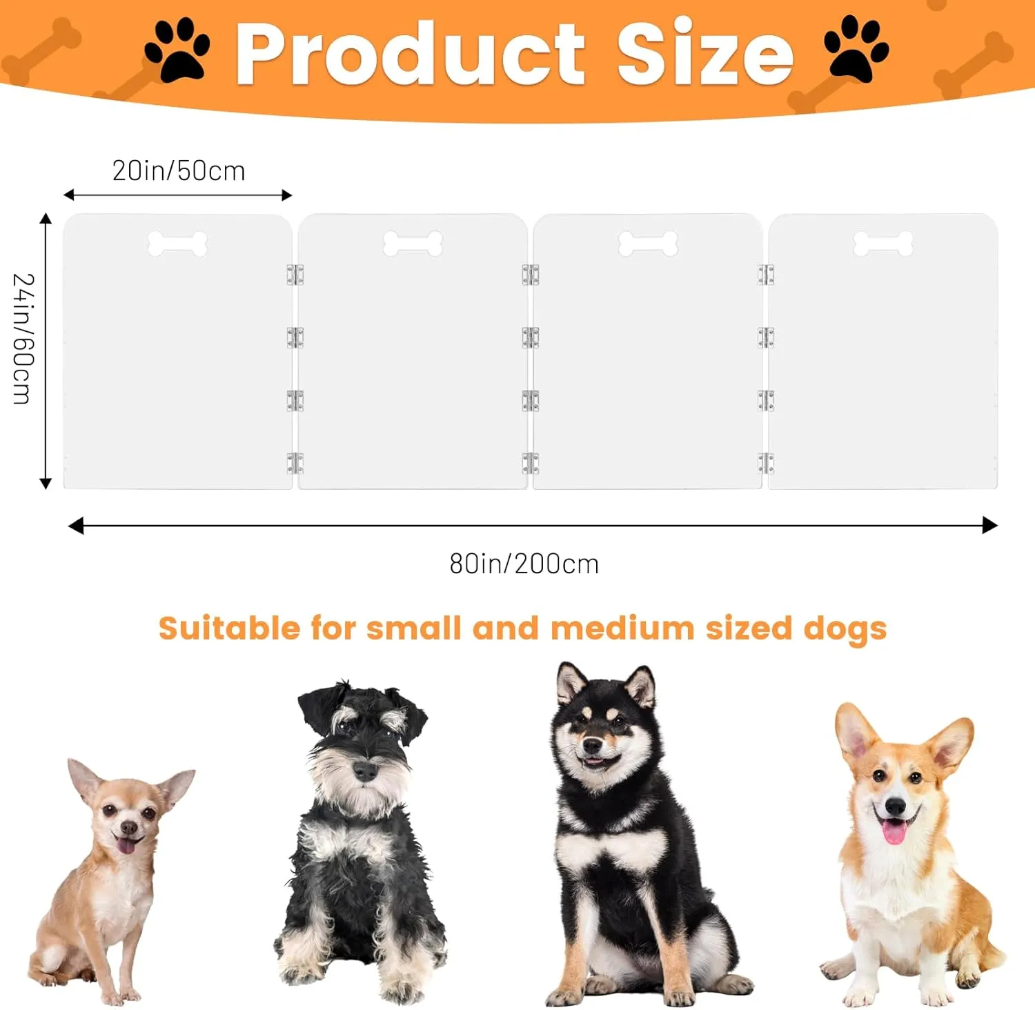 Acrylic Dog Playpen for House 4 Panels 80" W x 24" H Preassemble Foldable Clear Dog Gate Indoor with Handles, Free-Standing Pet Fence for Doorways Dog Pen for Small Dogs Puppy Cat Rabbit