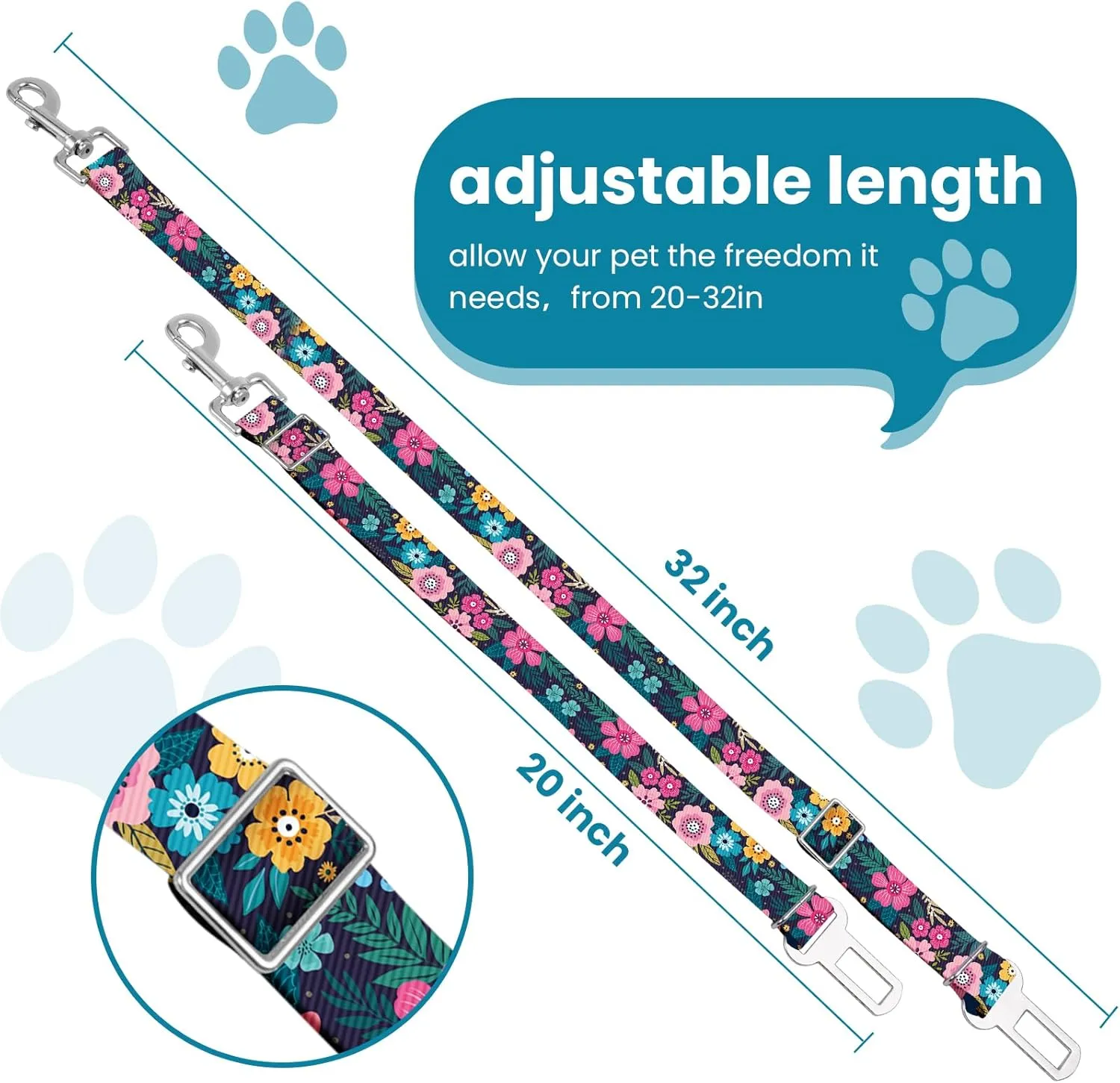 Adjustable pet cat and Dog car seat BeltThe Lanyard is Flexible and Adjustable from 20 to 33 inches (Floral)