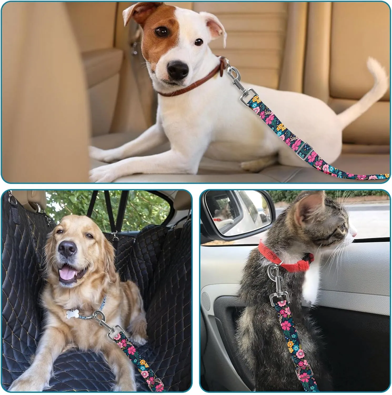 Adjustable pet cat and Dog car seat BeltThe Lanyard is Flexible and Adjustable from 20 to 33 inches (Floral)