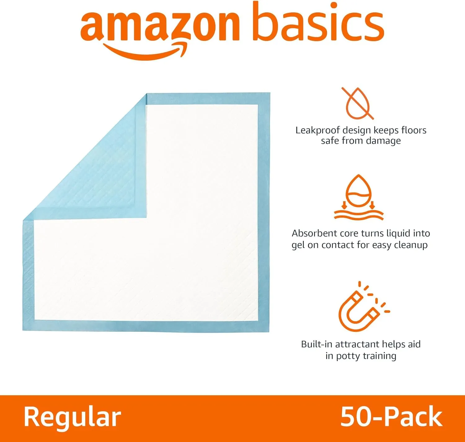 Amazon Basics Leakproof, Absorbent, Disposable Puppy Pads for Potty Training, Heavy Duty Absorbency, Regular Size, 24 x 23 Inches, Pack of 50, Blue & White
