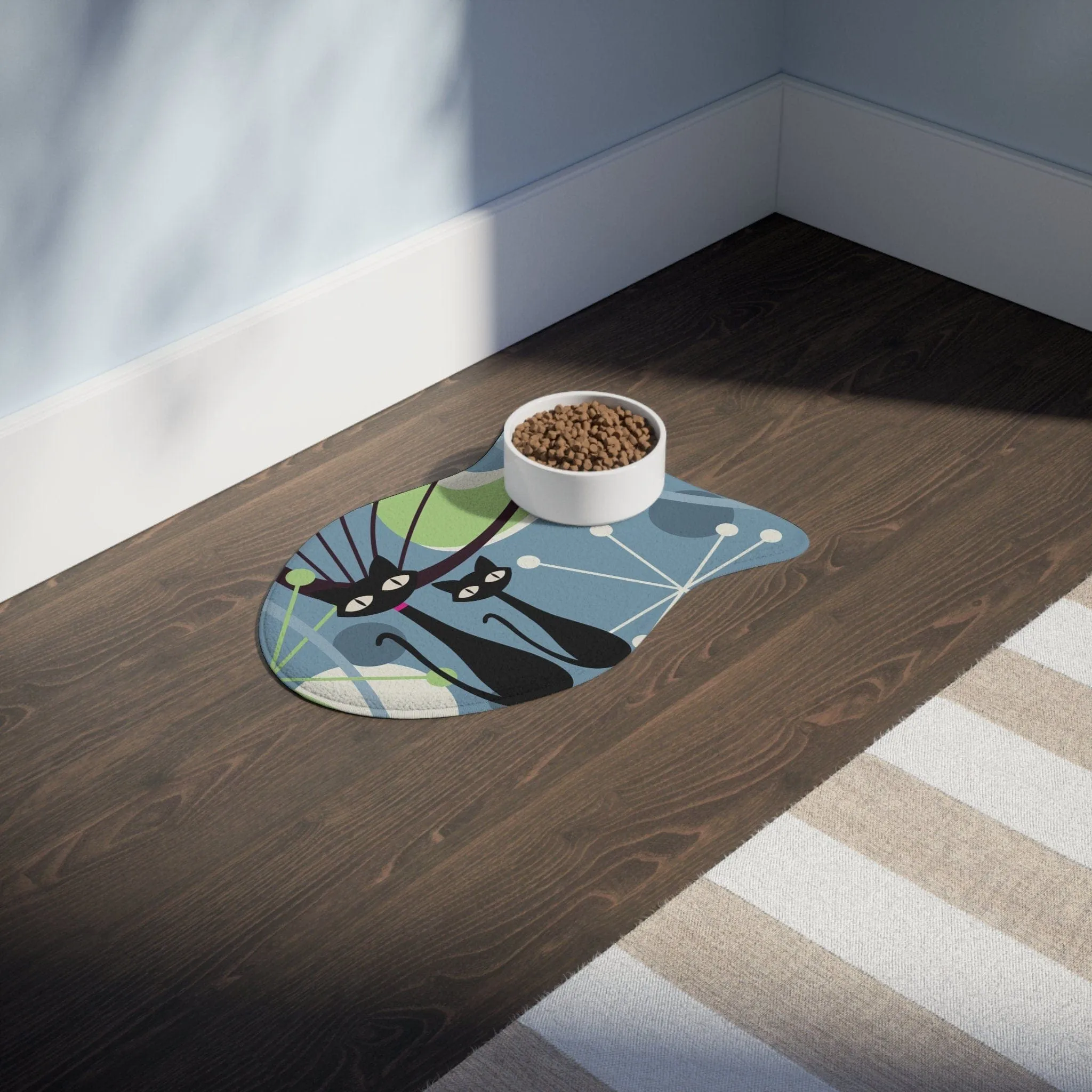 Atomic Cat Mid Century Modern Fish Shaped Pet Feeding Mats, Retro Geometric Non-Slip, Highly Absorbent Pads, Cat Lovers Gift - 127681923