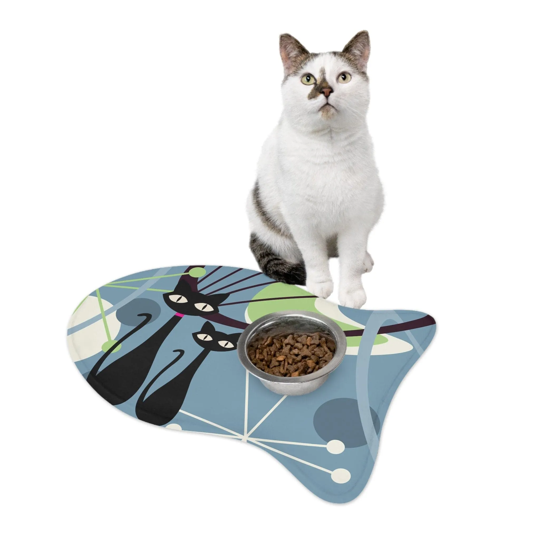 Atomic Cat Mid Century Modern Fish Shaped Pet Feeding Mats, Retro Geometric Non-Slip, Highly Absorbent Pads, Cat Lovers Gift - 127681923