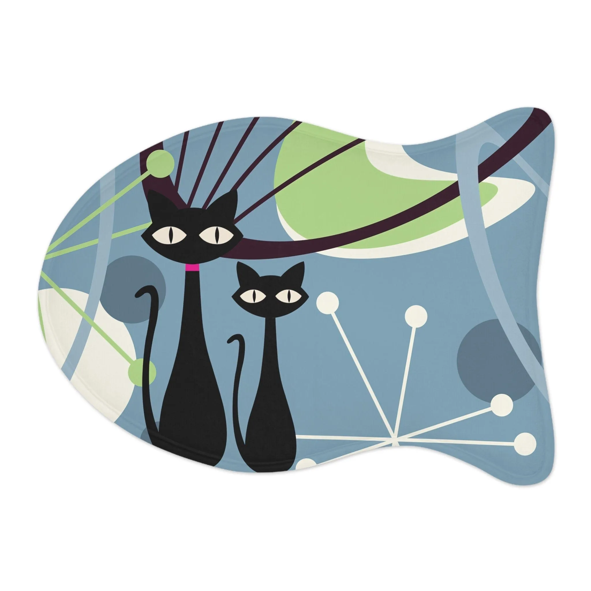 Atomic Cat Mid Century Modern Fish Shaped Pet Feeding Mats, Retro Geometric Non-Slip, Highly Absorbent Pads, Cat Lovers Gift - 127681923