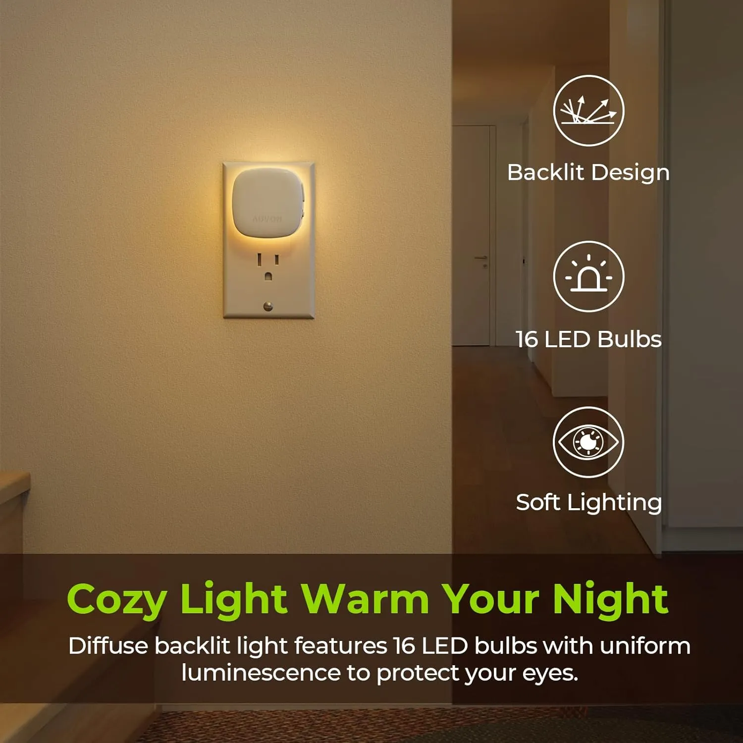 AUVON Plug-in LED Backlit Night Light with Motion Sensor & Dusk to Dawn Sensor, Dimmable Warm White Nightlight with 1-50 lm Adjustable Brightness for Bathroom, Bedroom, Hallway, Stairs (2 Pack)