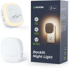 AUVON Plug-in LED Backlit Night Light with Motion Sensor & Dusk to Dawn Sensor, Dimmable Warm White Nightlight with 1-50 lm Adjustable Brightness for Bathroom, Bedroom, Hallway, Stairs (2 Pack)
