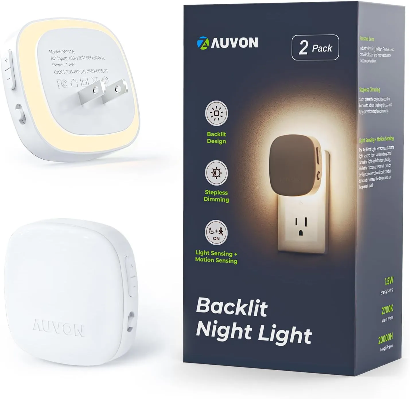 AUVON Plug-in LED Backlit Night Light with Motion Sensor & Dusk to Dawn Sensor, Dimmable Warm White Nightlight with 1-50 lm Adjustable Brightness for Bathroom, Bedroom, Hallway, Stairs (2 Pack)