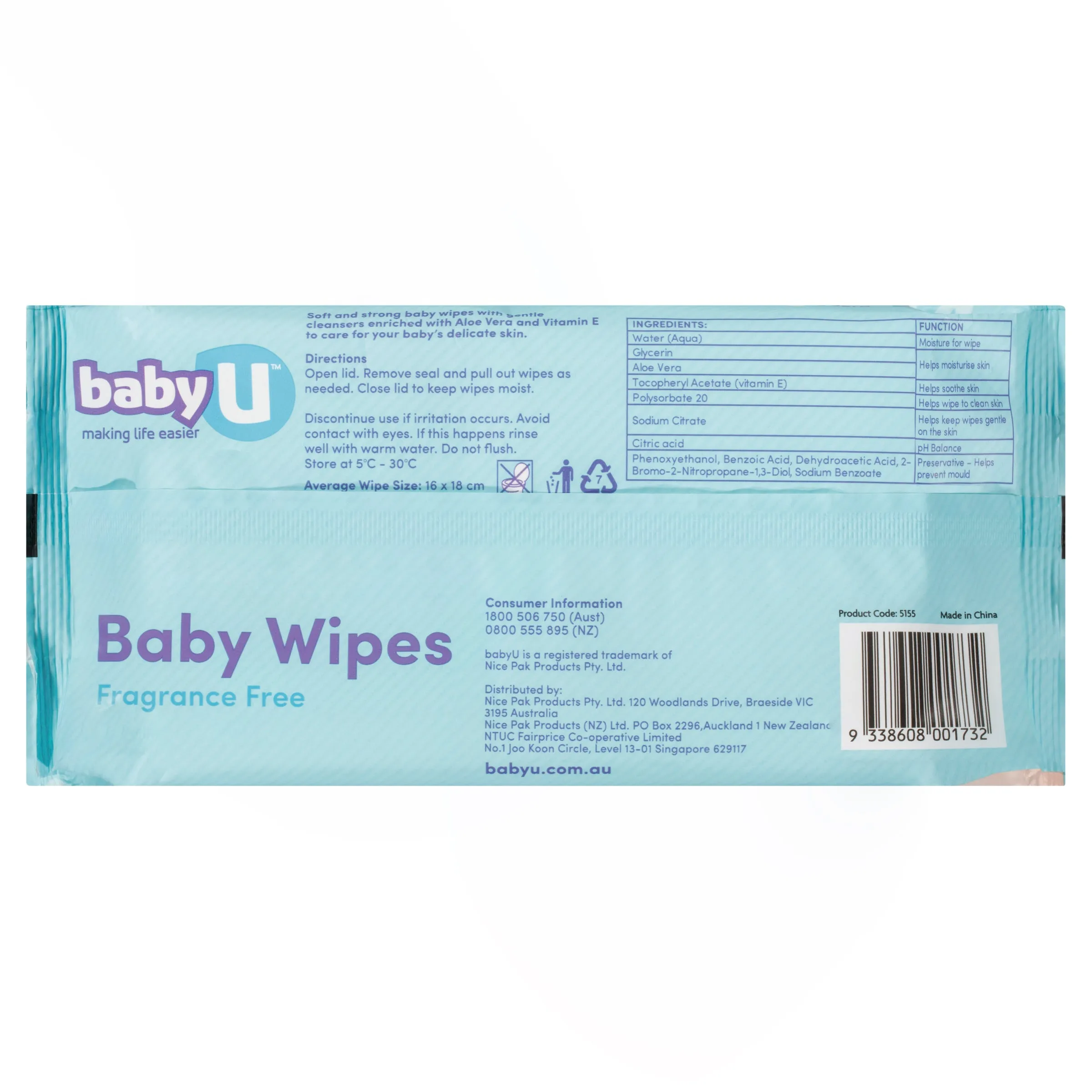 babyU Fragrance Free Wipes 80pack