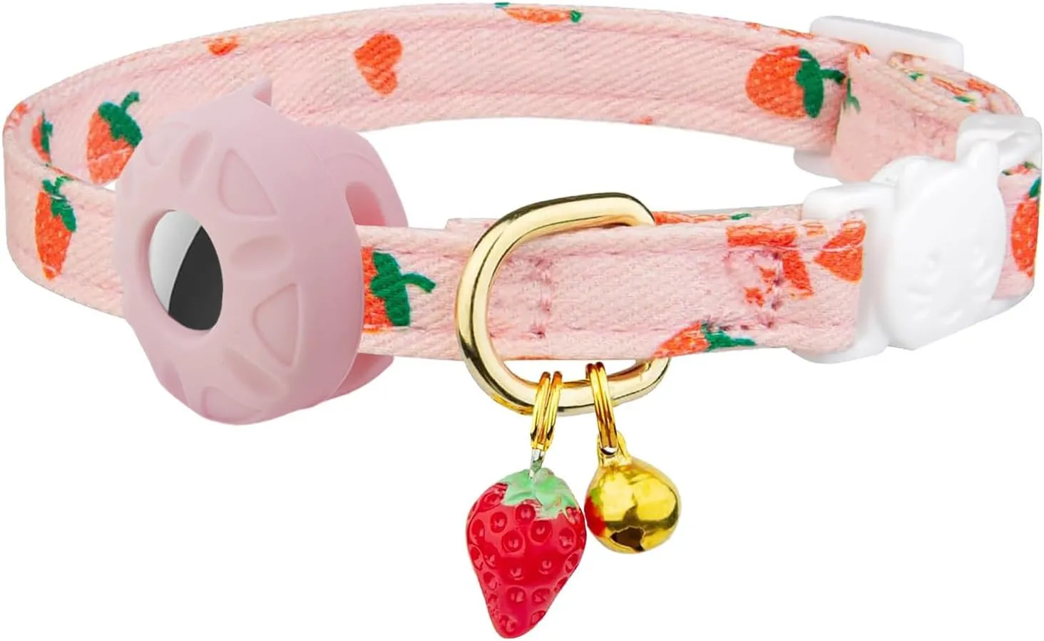 Breakaway Cat Collar with Airtag Holder,Kitten Collar with Apple Air Tag Holder and Bell for Girl Boy Cats, 0.4 Inches in Width and Lightweight. (Pink Strawberry)