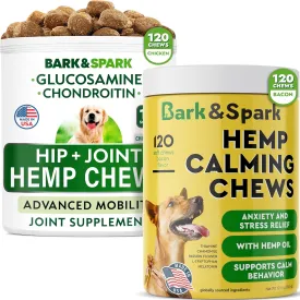 Calming for Dogs   Hemp Treats   Glucosamine Bundle - Hemp Oil   Chondroitin, MSM, Omega-3 - Anxiety Relief   Joint Pain Relief - Stress Relief During Fireworks, Storms, Thunder - 2 x 120 Soft Chews