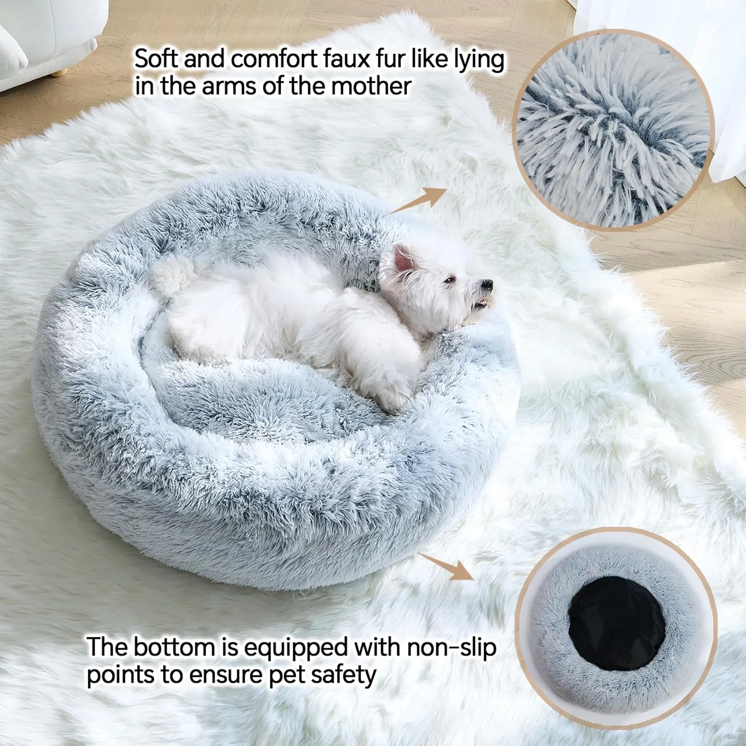 Calming Small Dog Bed, Donut Fluffy Anti-Anxiety Round Washable Cute Bed, Plush Cozy Cuddler Warming Soft Comfort Pet Bed for Small Medium Dogs Cats, 20inch,Light Grey White