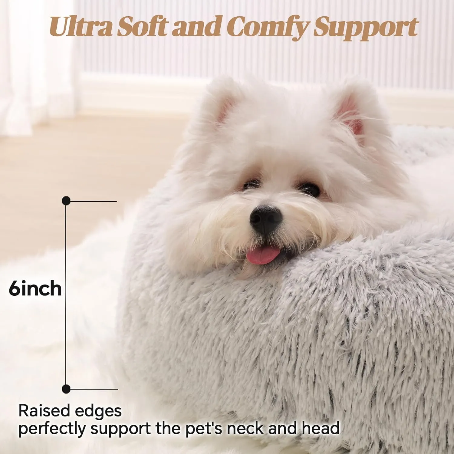 Calming Small Dog Bed, Donut Fluffy Anti-Anxiety Round Washable Cute Bed, Plush Cozy Cuddler Warming Soft Comfort Pet Bed for Small Medium Dogs Cats, 20inch,Light Grey White