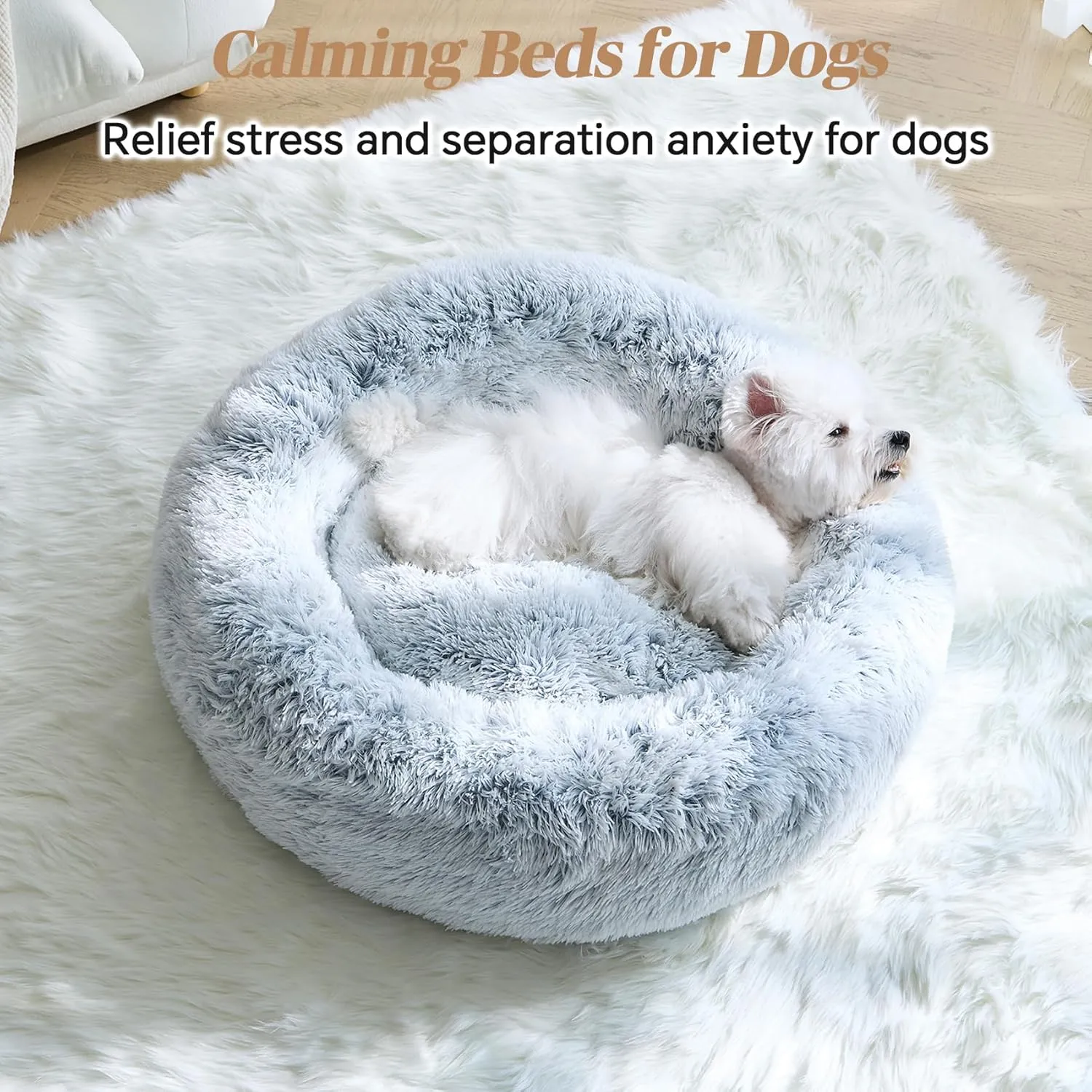 Calming Small Dog Bed, Donut Fluffy Anti-Anxiety Round Washable Cute Bed, Plush Cozy Cuddler Warming Soft Comfort Pet Bed for Small Medium Dogs Cats, 20inch,Light Grey White