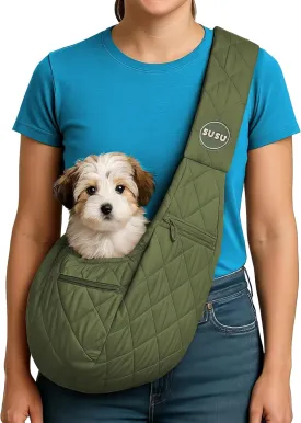 Cat & Dog Carrier Sling  Hands-Free Puppy Sling, cat Pouch for Small Pets up to 10 lbs; Parachute-Grade Nylon, 4 Padded Strap, Safety Tether, Dual Zipper Pockets