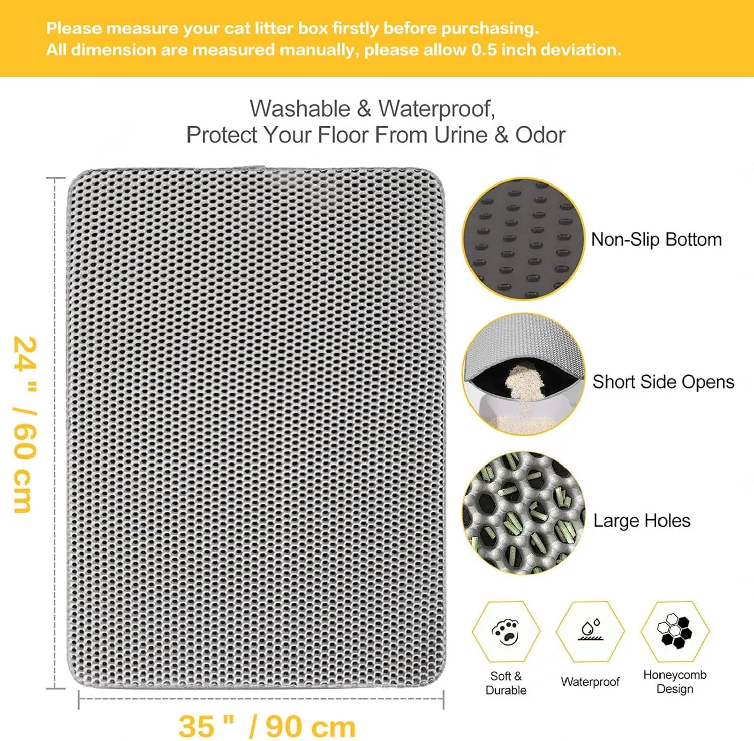 Cat Litter Box Mat, 24X35In/26X46In Honeycomb Double Layer Litter Box Pads Cat Litter Trap Mat, Less Waste,Soft On Paws,Non-Slip,26X46In-Beige
