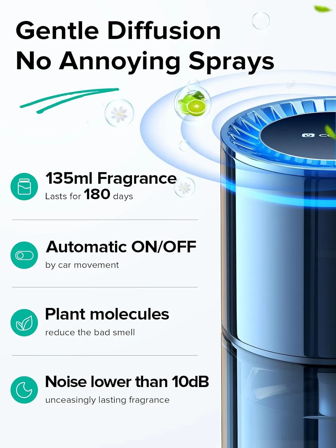 Ceeniu Smart Car Air Freshener, New Car Smell, Larger 135ml Capacity, Long-Lasting 6-Month Fragrance, Auto On/Off, Quiet Operation, Stylish Ambient Light, Premium Scent for Men, CF3 Pro Diffuser