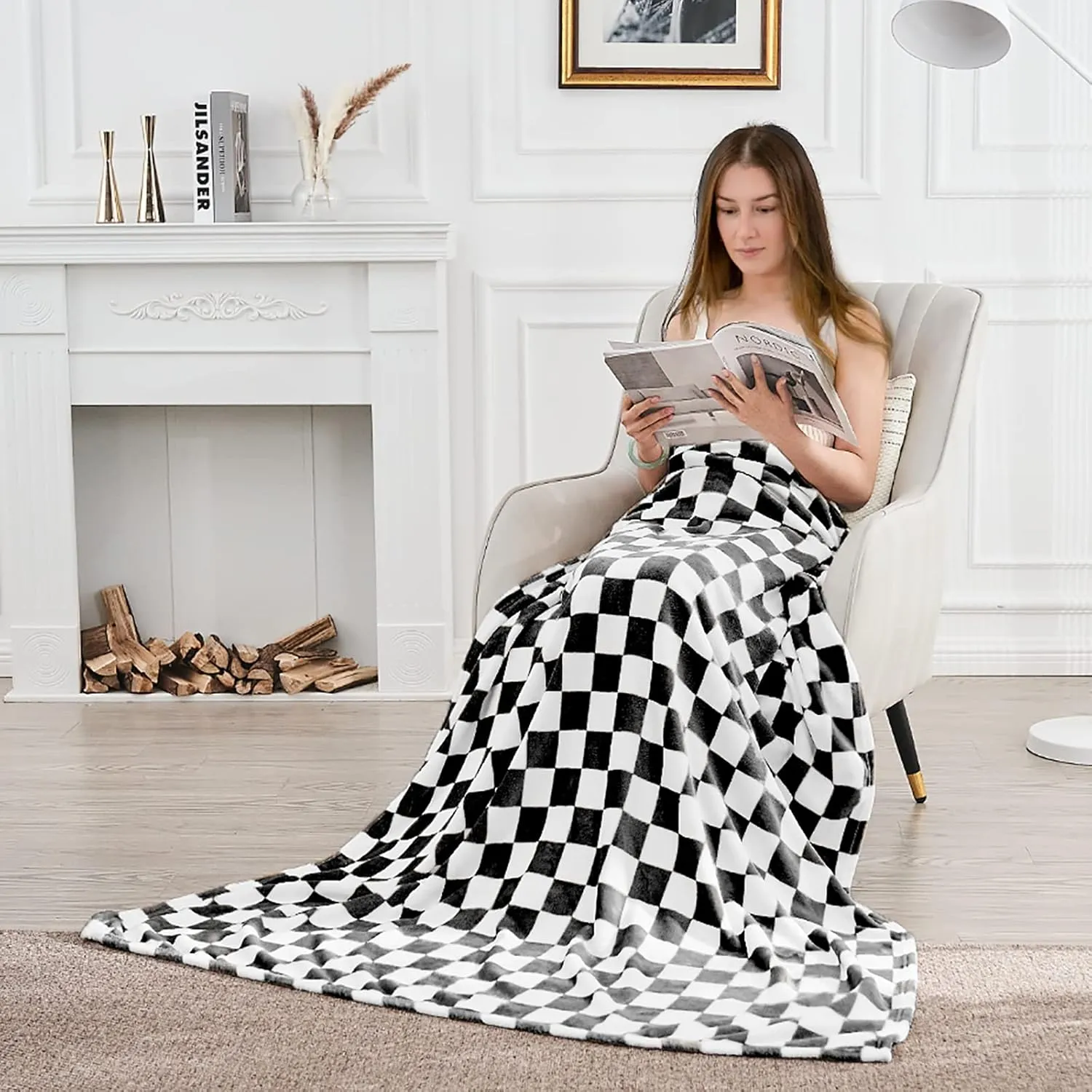 Checkered Blanket Flannel Throw Blankets Soft Cozy Checkered Grid Print Chessboard Gingham Pattern Throws for Bed Sofa Couch for All Seasons, 50x60 Inch, Black