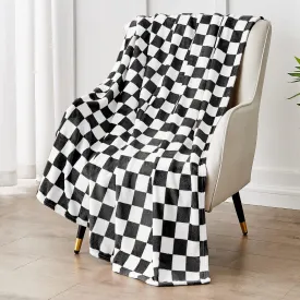 Checkered Blanket Flannel Throw Blankets Soft Cozy Checkered Grid Print Chessboard Gingham Pattern Throws for Bed Sofa Couch for All Seasons, 50x60 Inch, Black