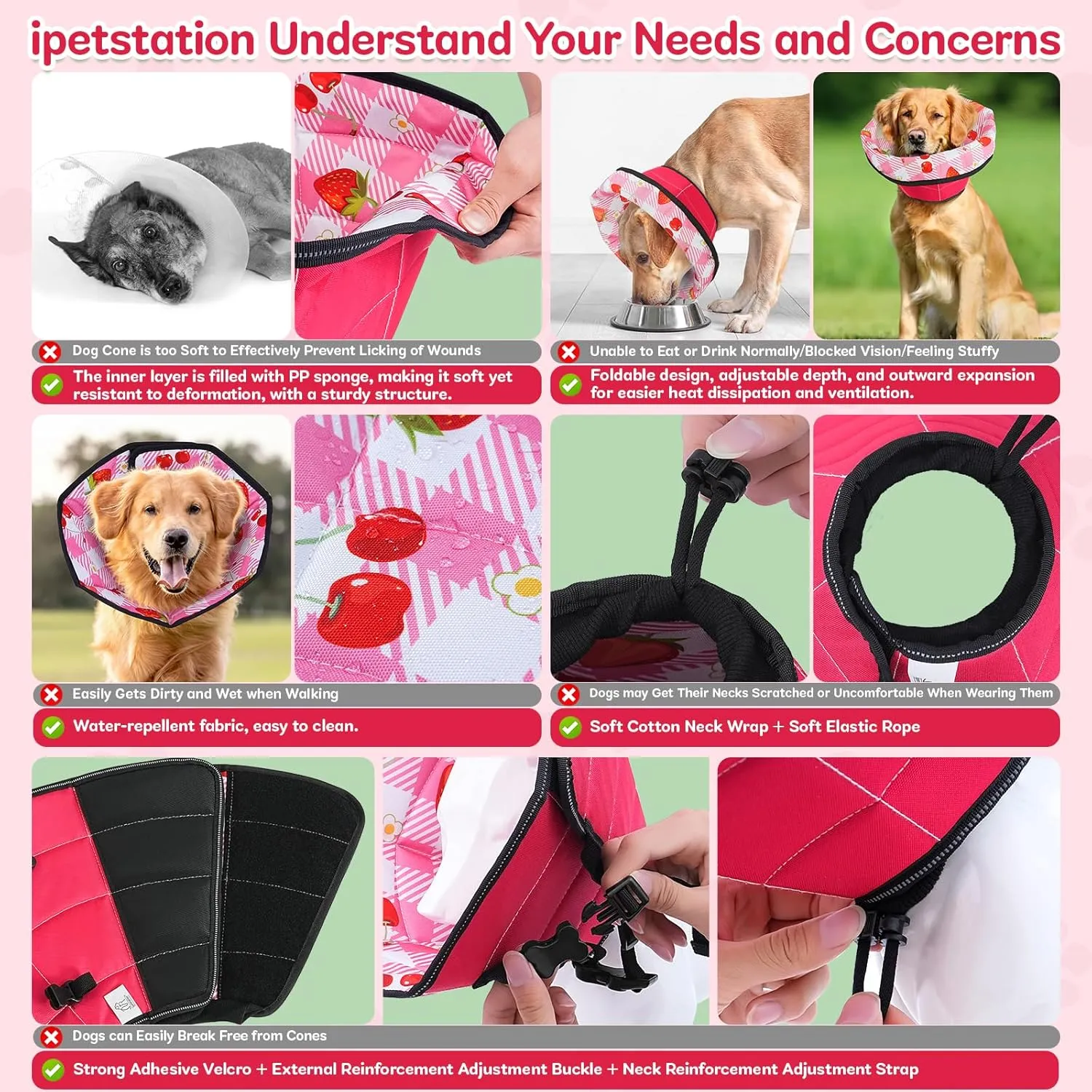 Dog Cone Soft Surgery Dog Cone Collar - Adjustable Long Foldable Comfortable for Recovery Alternative Prevent Biting Stop Licking Wound Small Medium Large Dogs (Strawberry Red, S)