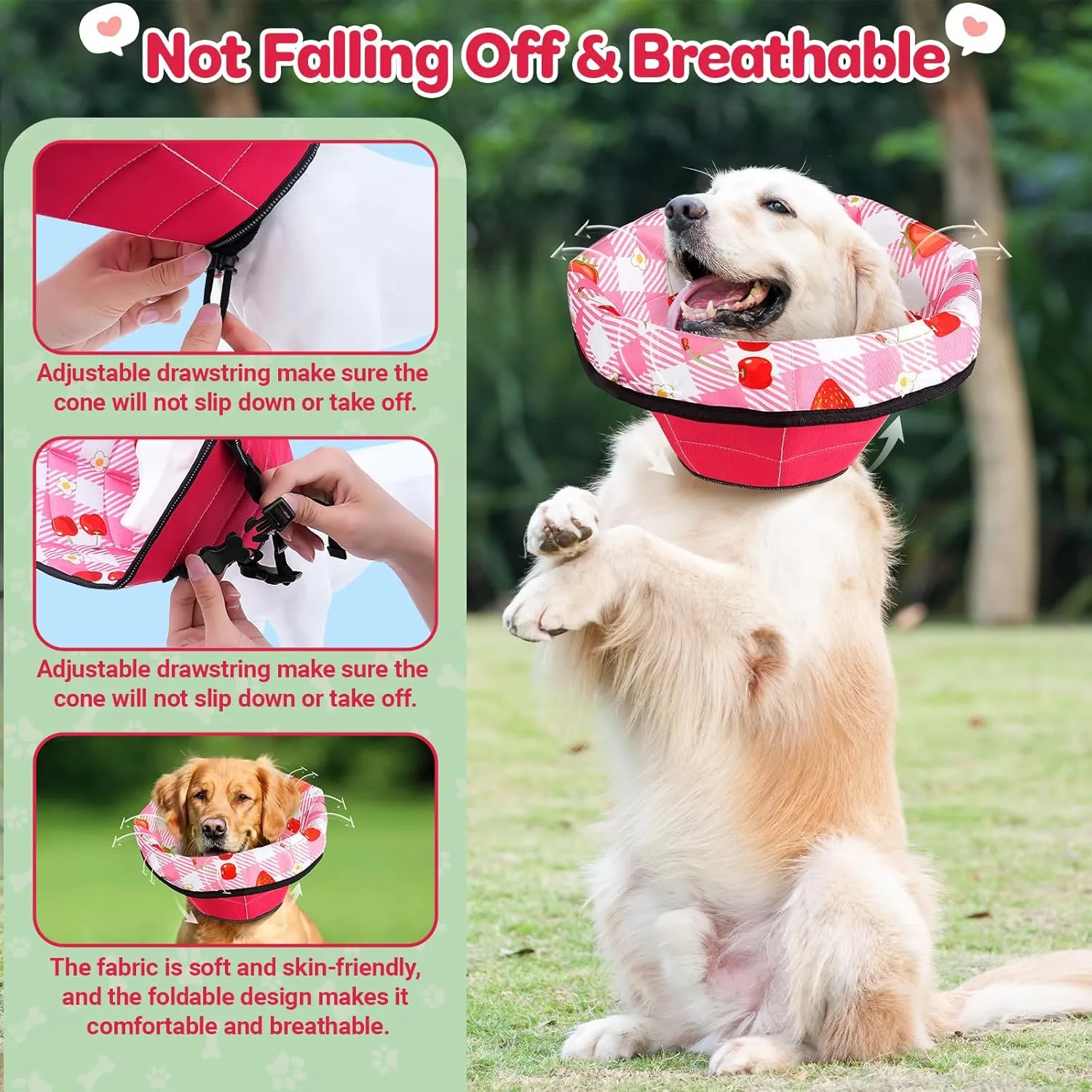 Dog Cone Soft Surgery Dog Cone Collar - Adjustable Long Foldable Comfortable for Recovery Alternative Prevent Biting Stop Licking Wound Small Medium Large Dogs (Strawberry Red, S)