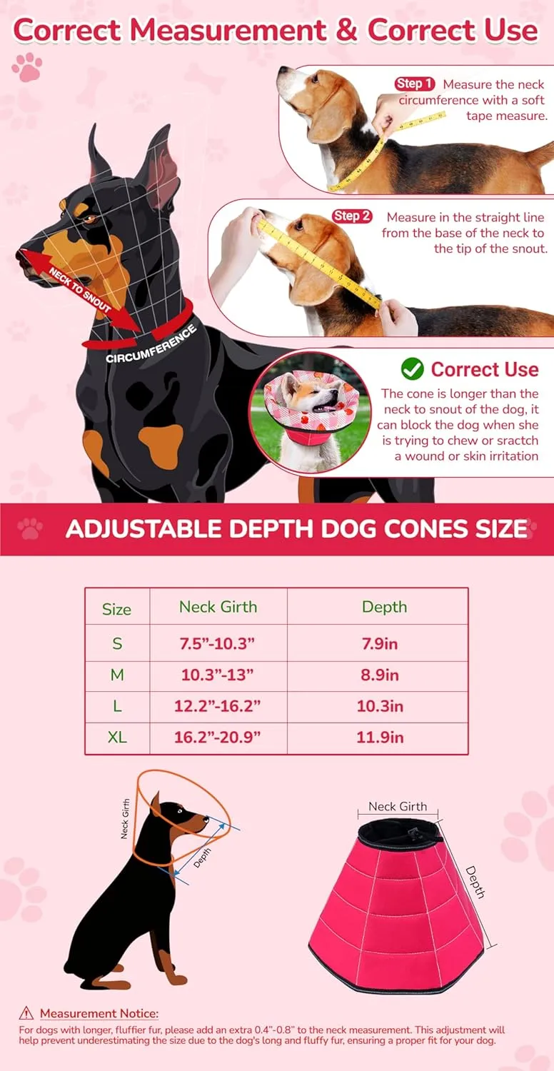 Dog Cone Soft Surgery Dog Cone Collar - Adjustable Long Foldable Comfortable for Recovery Alternative Prevent Biting Stop Licking Wound Small Medium Large Dogs (Strawberry Red, S)