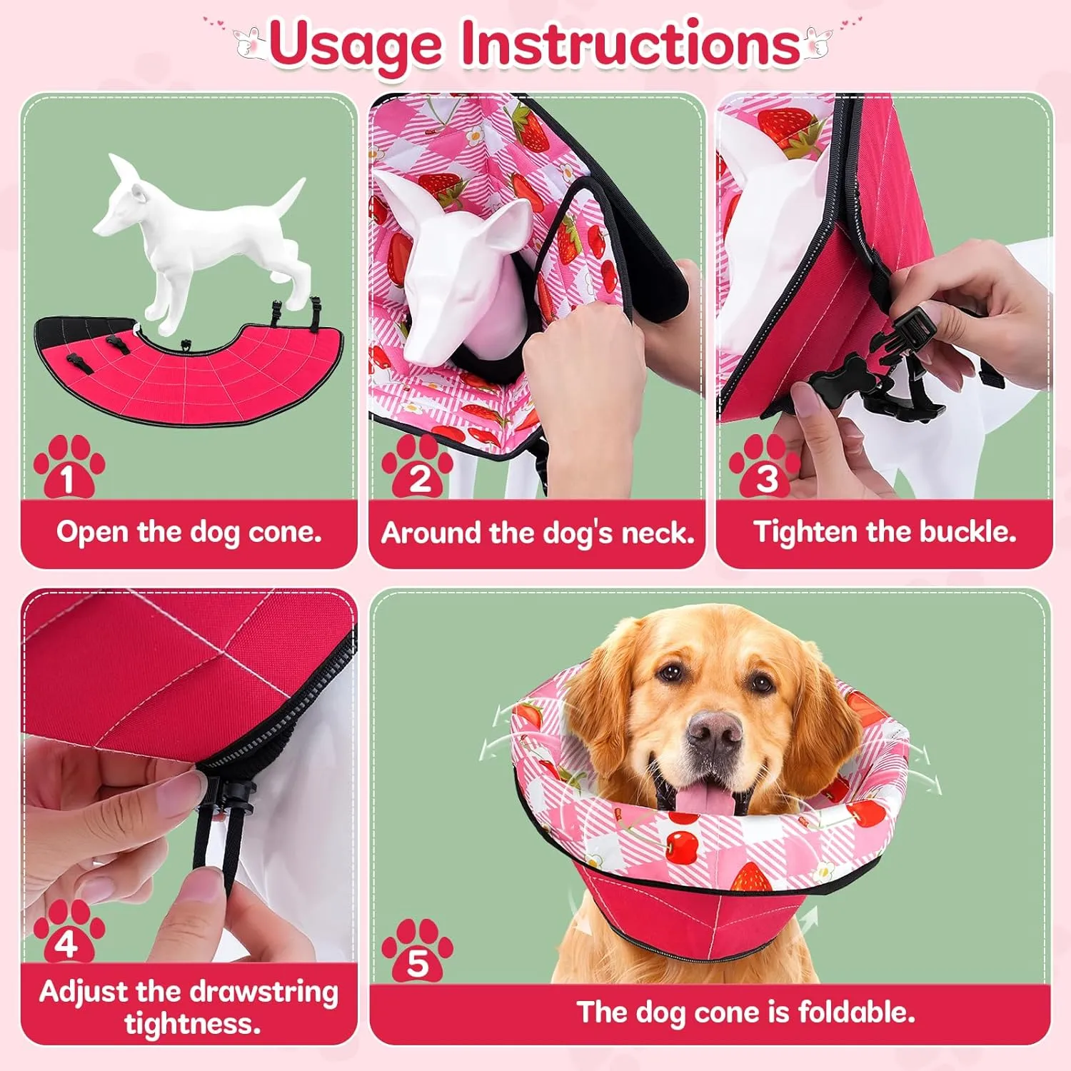 Dog Cone Soft Surgery Dog Cone Collar - Adjustable Long Foldable Comfortable for Recovery Alternative Prevent Biting Stop Licking Wound Small Medium Large Dogs (Strawberry Red, S)