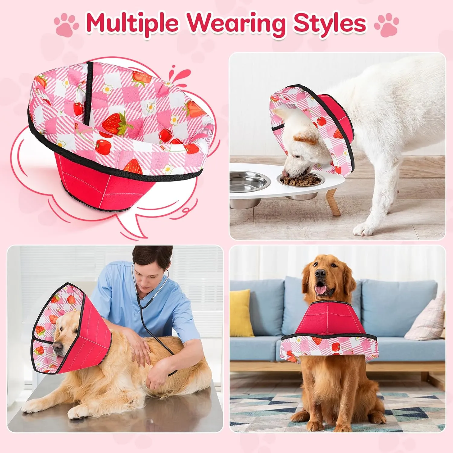 Dog Cone Soft Surgery Dog Cone Collar - Adjustable Long Foldable Comfortable for Recovery Alternative Prevent Biting Stop Licking Wound Small Medium Large Dogs (Strawberry Red, S)