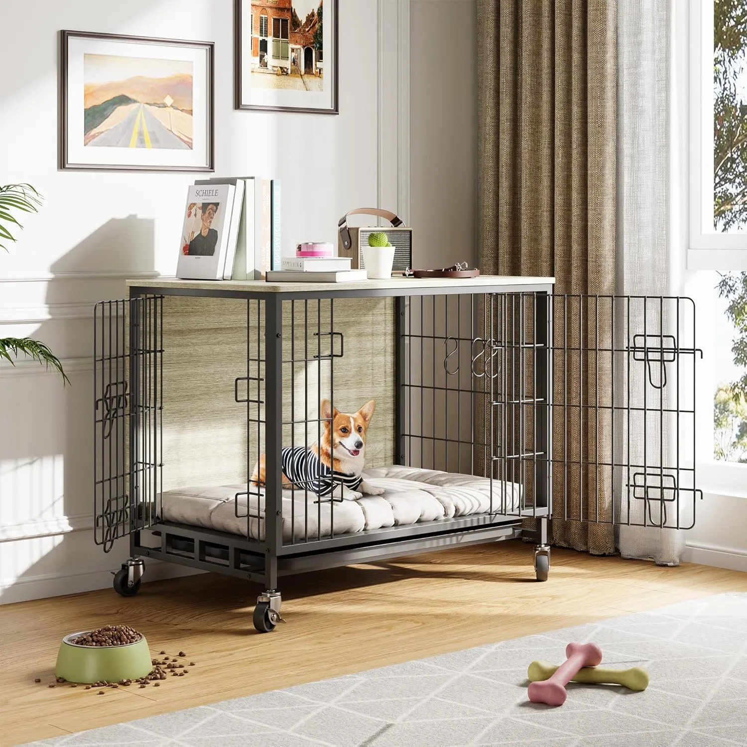 Dog Crate Furniture, 32.5 Inch Heavy-Duty Wooden Kennel, Double-Door Dog House with Pull-Out Tray & Wheels, Modern Side Table for Medium Dog Sizes, Grey