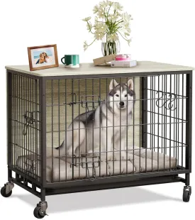 Dog Crate Furniture, 32.5 Inch Heavy-Duty Wooden Kennel, Double-Door Dog House with Pull-Out Tray & Wheels, Modern Side Table for Medium Dog Sizes, Grey