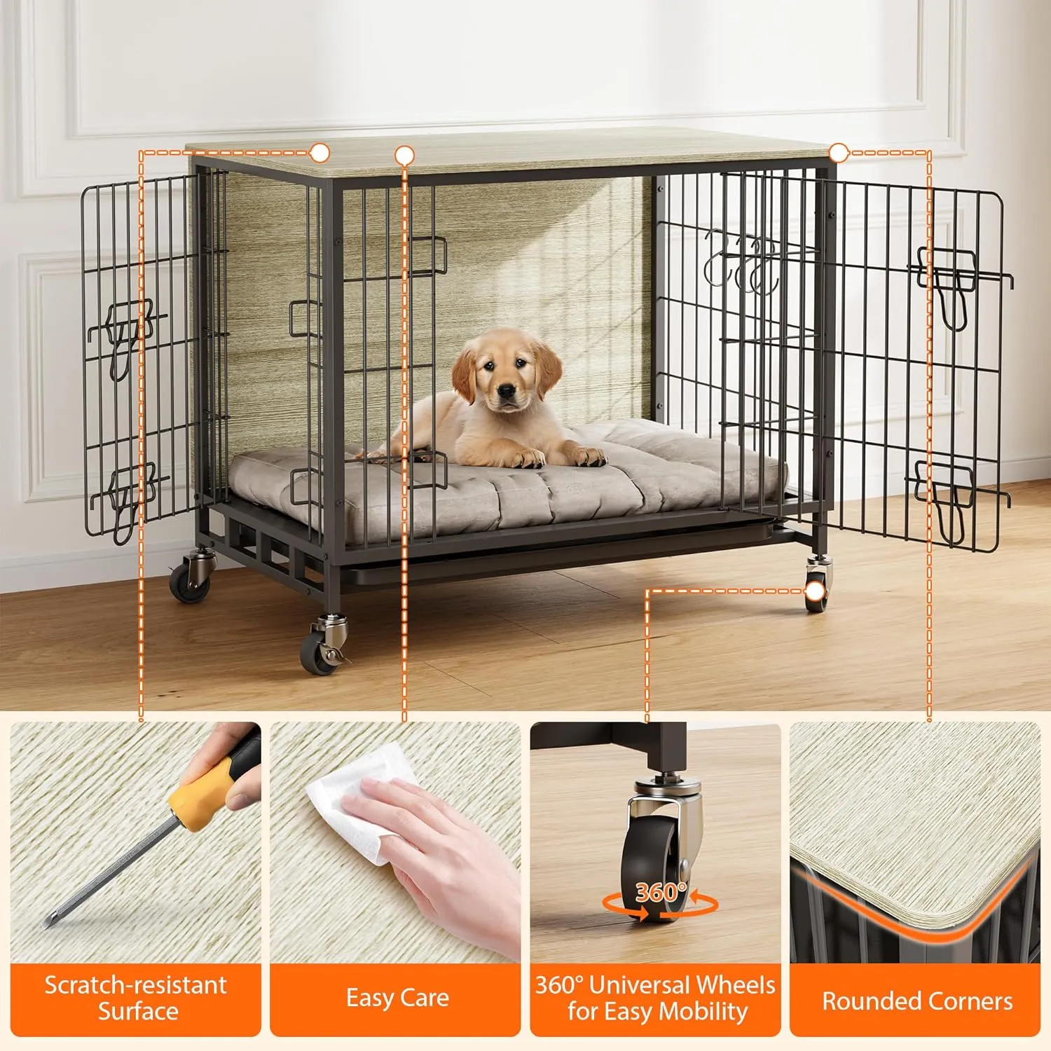 Dog Crate Furniture, 32.5 Inch Heavy-Duty Wooden Kennel, Double-Door Dog House with Pull-Out Tray & Wheels, Modern Side Table for Medium Dog Sizes, Grey