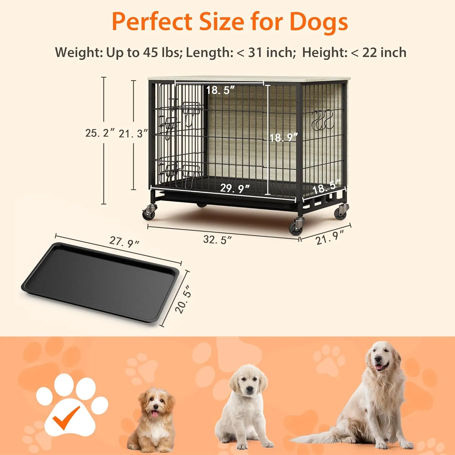Dog Crate Furniture, 32.5 Inch Heavy-Duty Wooden Kennel, Double-Door Dog House with Pull-Out Tray & Wheels, Modern Side Table for Medium Dog Sizes, Grey