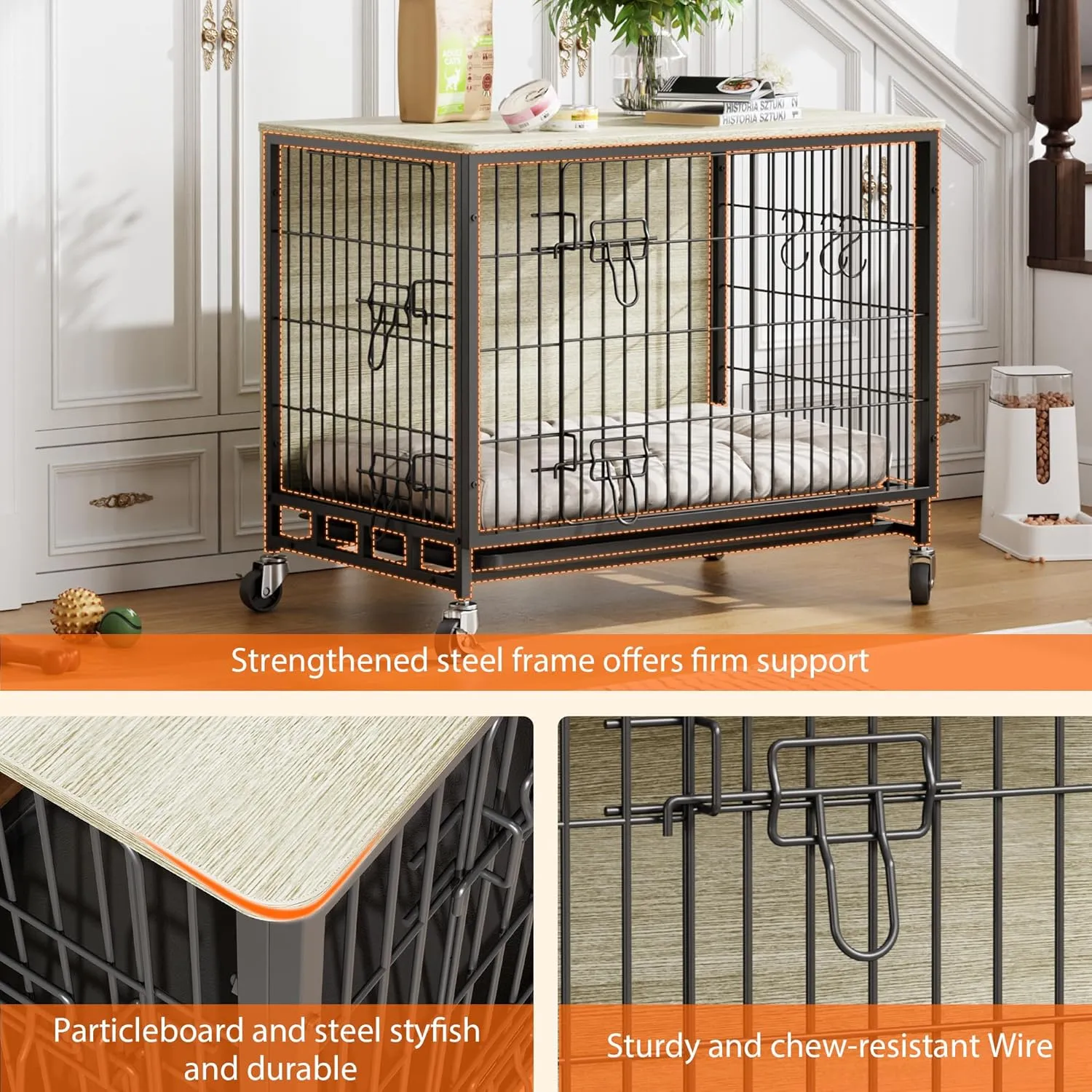 Dog Crate Furniture, 32.5 Inch Heavy-Duty Wooden Kennel, Double-Door Dog House with Pull-Out Tray & Wheels, Modern Side Table for Medium Dog Sizes, Grey