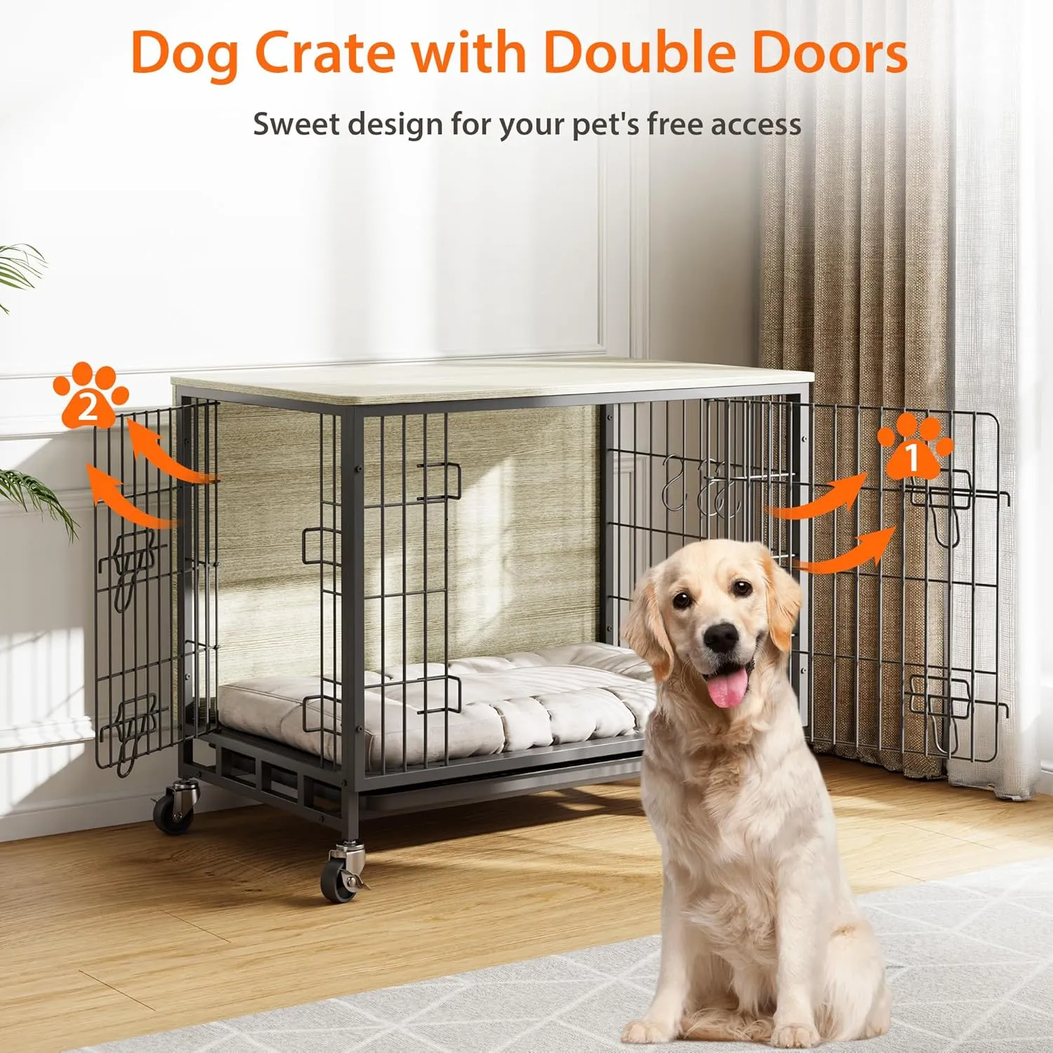 Dog Crate Furniture, 32.5 Inch Heavy-Duty Wooden Kennel, Double-Door Dog House with Pull-Out Tray & Wheels, Modern Side Table for Medium Dog Sizes, Grey