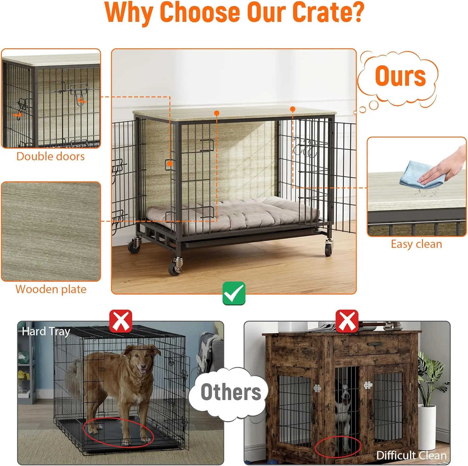 Dog Crate Furniture, 32.5 Inch Heavy-Duty Wooden Kennel, Double-Door Dog House with Pull-Out Tray & Wheels, Modern Side Table for Medium Dog Sizes, Grey