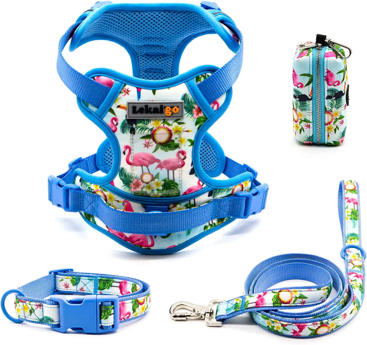Dog Harness Collar 5ft Leash Poop Bag Holder Set, Reflective Adjustable No-Pull Dog Vest Harness with Safety Lock Easy Control Handle, for Small Medium Large Dogs 4pcs-M-Blue