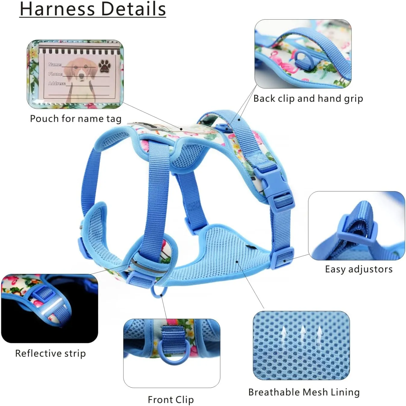 Dog Harness Collar 5ft Leash Poop Bag Holder Set, Reflective Adjustable No-Pull Dog Vest Harness with Safety Lock Easy Control Handle, for Small Medium Large Dogs 4pcs-M-Blue
