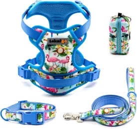 Dog Harness Collar 5ft Leash Poop Bag Holder Set, Reflective Adjustable No-Pull Dog Vest Harness with Safety Lock Easy Control Handle, for Small Medium Large Dogs 4pcs-M-Blue