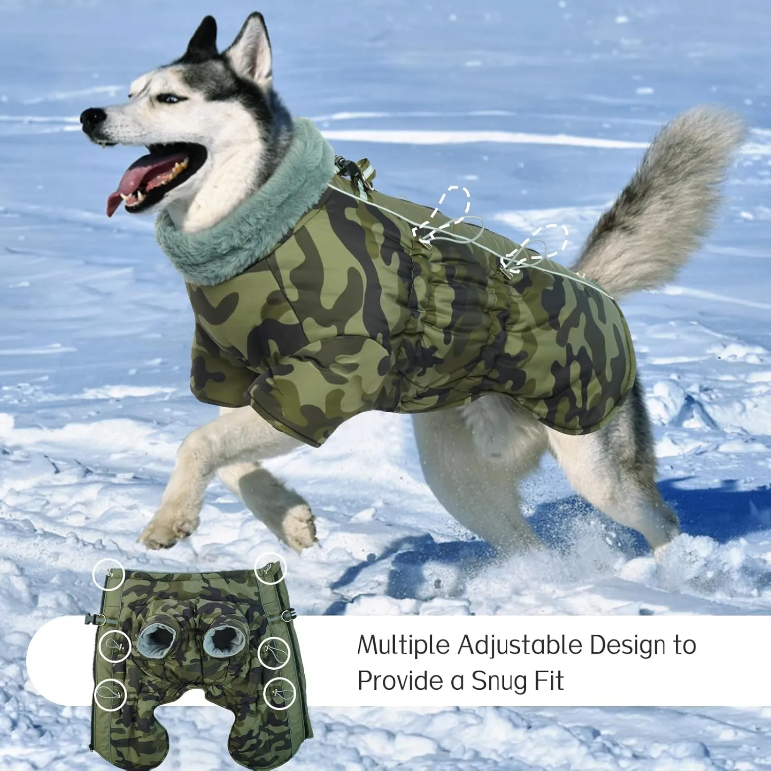 Dog Jacket, Dog Coats for Medium Dogs Winter Waterproof, Fleece Lining Reflective Warm Dog Clothes, Zip Up Dog Coat with Harness, High Collar Dog Snowsuit Christmas Clothes(ArmyGreen M)